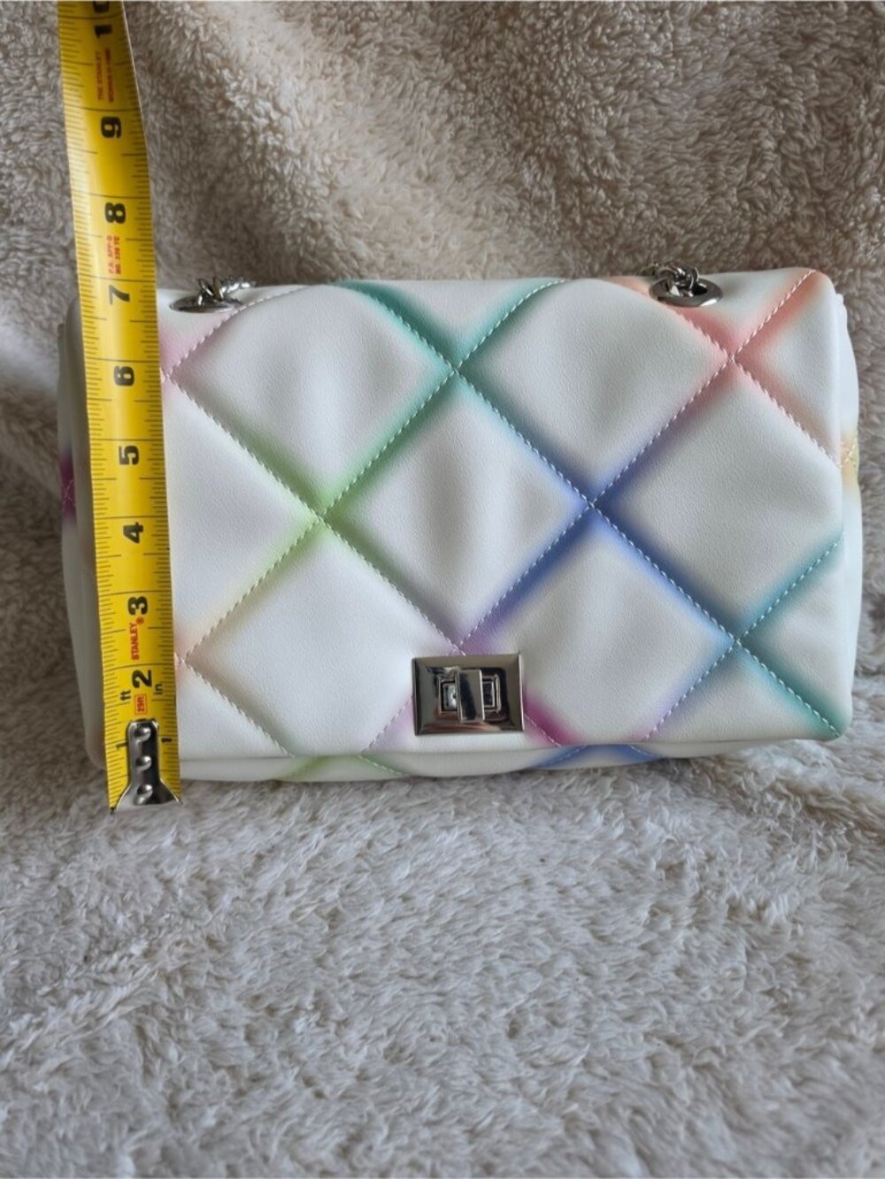 Multicolor Quilted Crossbody Bag White Pastel Rainbow Flap Bag Faux Leather - Picture 11 of 15